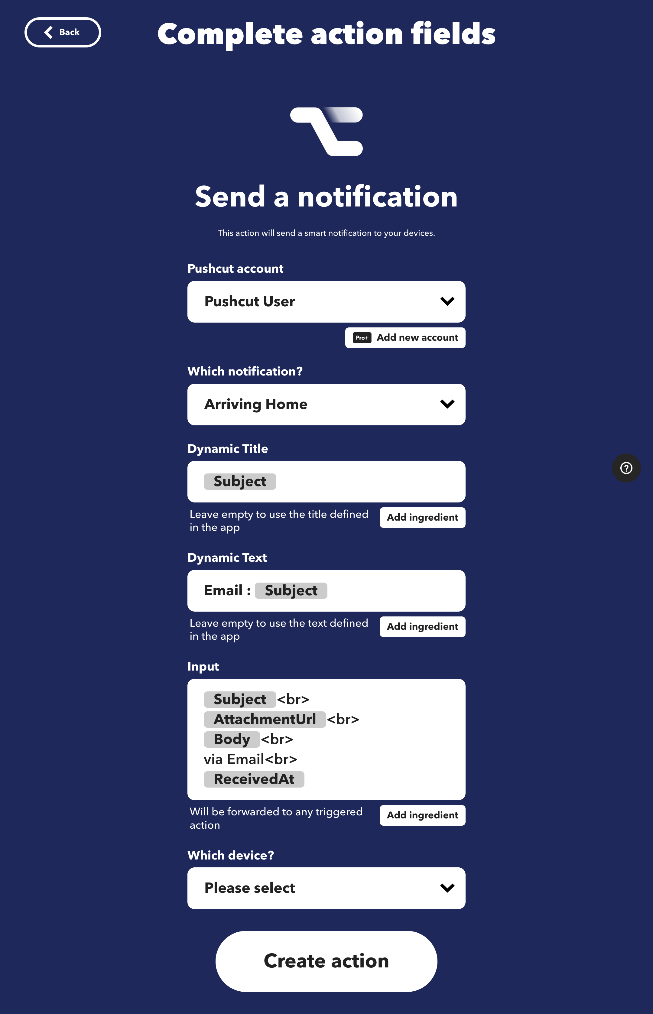 IFTTT: Pushcut action fields