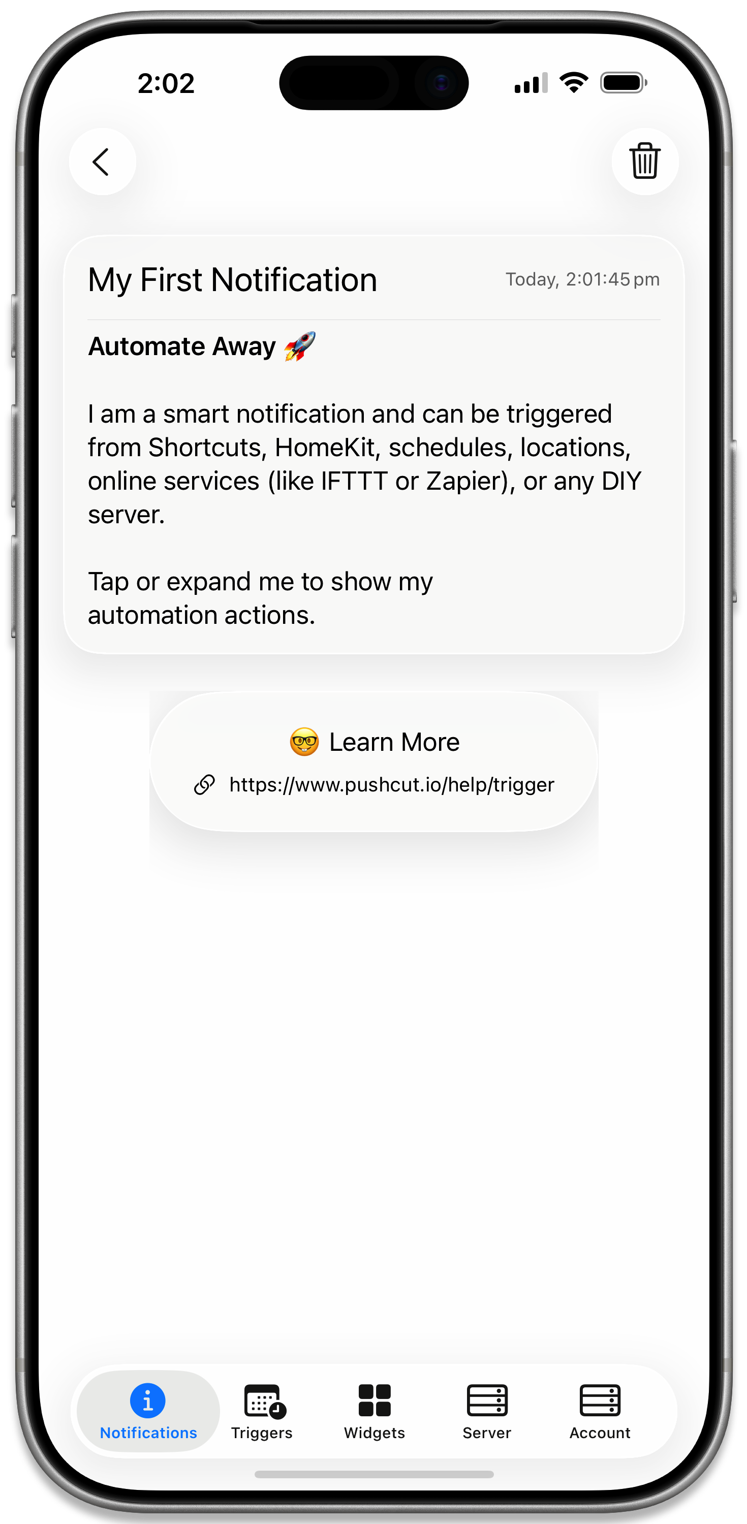 The page for selecting the shortcut for an automation to run. One of the options is Daily Pushcut Widget Update